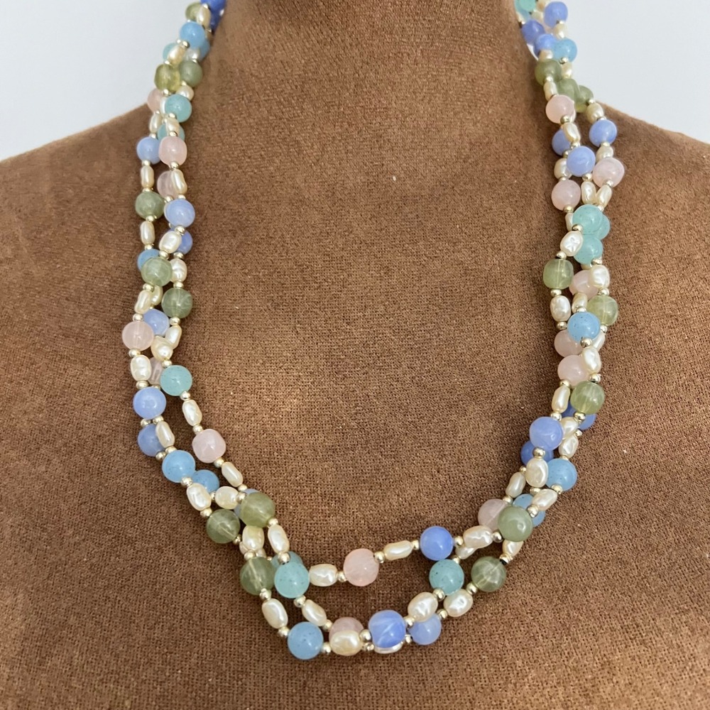 Vintage Multi Strand Pastel Faux Gemstone Pearl Necklace 24" Cottagecore